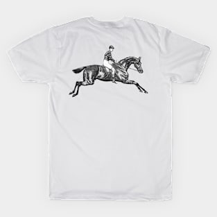 Race Horse with Jockey Black and White Illustration T-Shirt